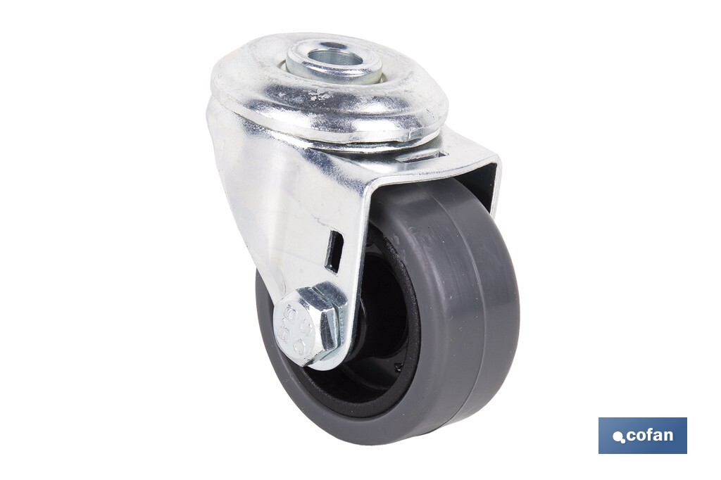 Rueda de goma gris para tornillo pasante | Diámetros desde 30 mm hasta 75 mm | Para pesos desde 25 kg hasta 45 kg - Cofan
