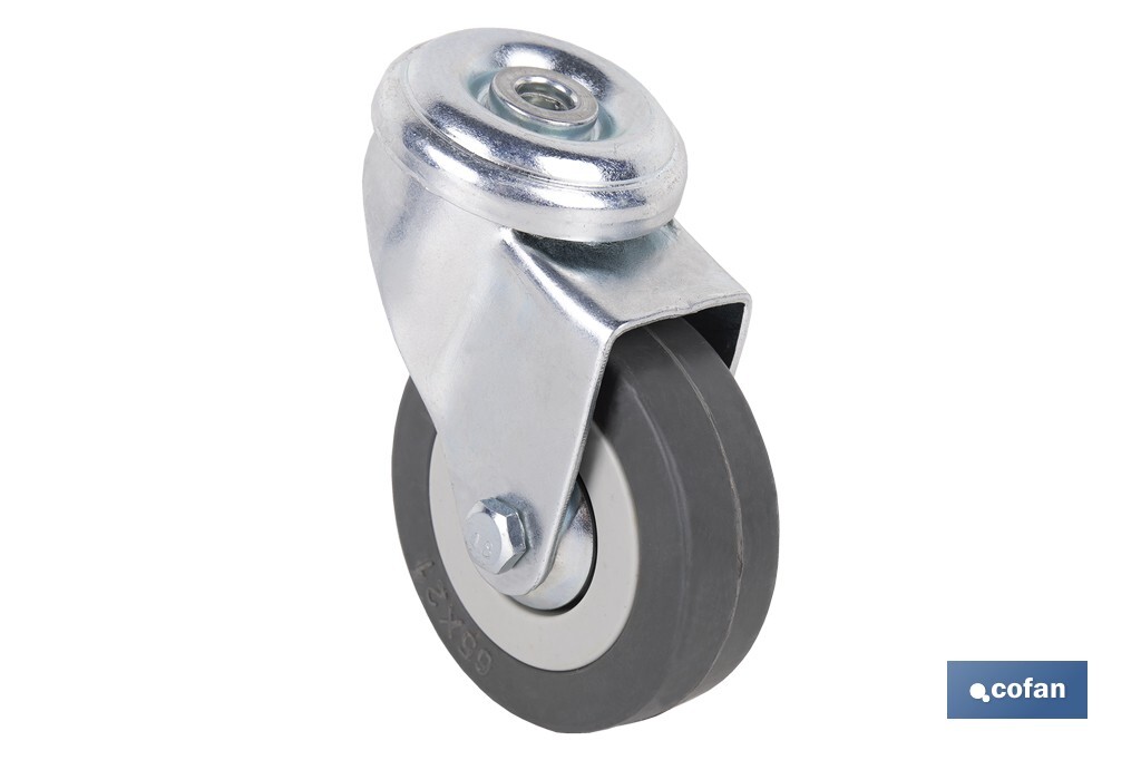 Rueda de goma gris para tornillo pasante | Diámetros desde 30 mm hasta 75 mm | Para pesos desde 25 kg hasta 45 kg - Cofan
