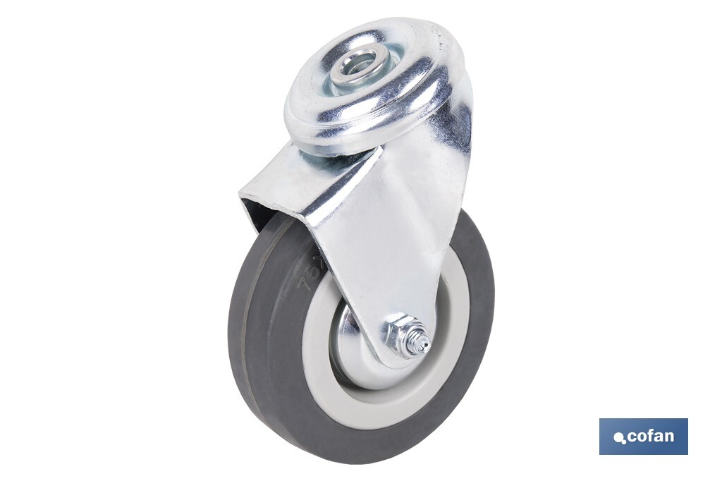 Rueda de goma gris para tornillo pasante | Diámetros desde 30 mm hasta 75 mm | Para pesos desde 25 kg hasta 45 kg - Cofan