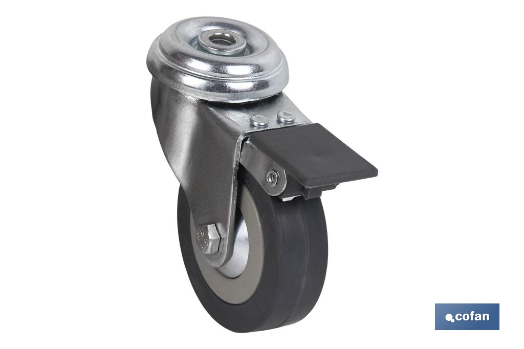Grey rubber castor with plastic brake and bolt hole | Available diameters from 40mm to 65mm | Suitable for loads from 32kg to 40kg - Cofan