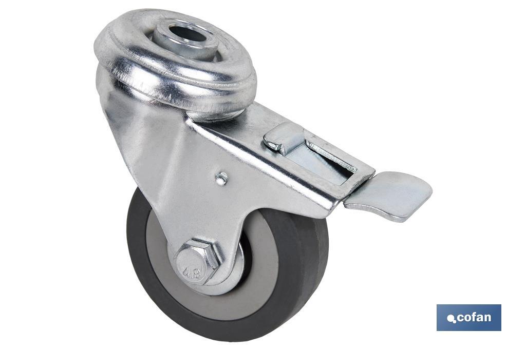 Rueda de goma gris para tornillo pasante y con freno | Diámetros desde 30mm hasta 75 mm | Para pesos desde 25 kg hasta 45 kg - Cofan