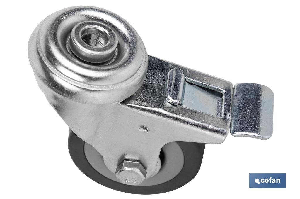 Rueda de goma gris para tornillo pasante y con freno | Diámetros desde 30mm hasta 75 mm | Para pesos desde 25 kg hasta 45 kg - Cofan