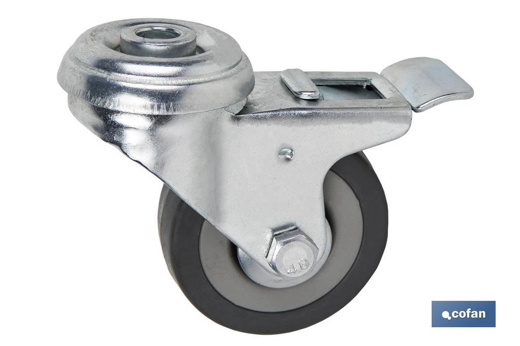 Rueda de goma gris para tornillo pasante y con freno | Diámetros desde 30mm hasta 75 mm | Para pesos desde 25 kg hasta 45 kg - Cofan