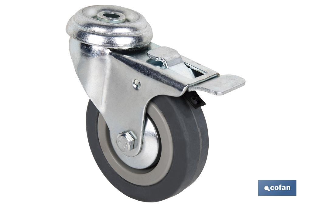 Rueda de goma gris para tornillo pasante y con freno | Diámetros desde 30mm hasta 75 mm | Para pesos desde 25 kg hasta 45 kg - Cofan