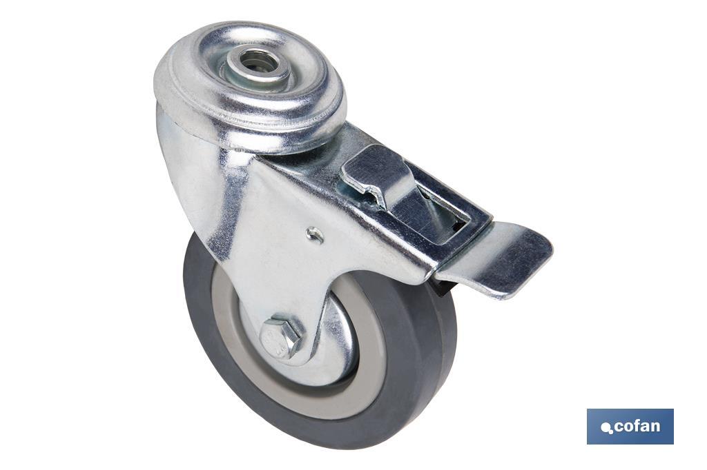 Rueda de goma gris para tornillo pasante y con freno | Diámetros desde 30mm hasta 75 mm | Para pesos desde 25 kg hasta 45 kg - Cofan