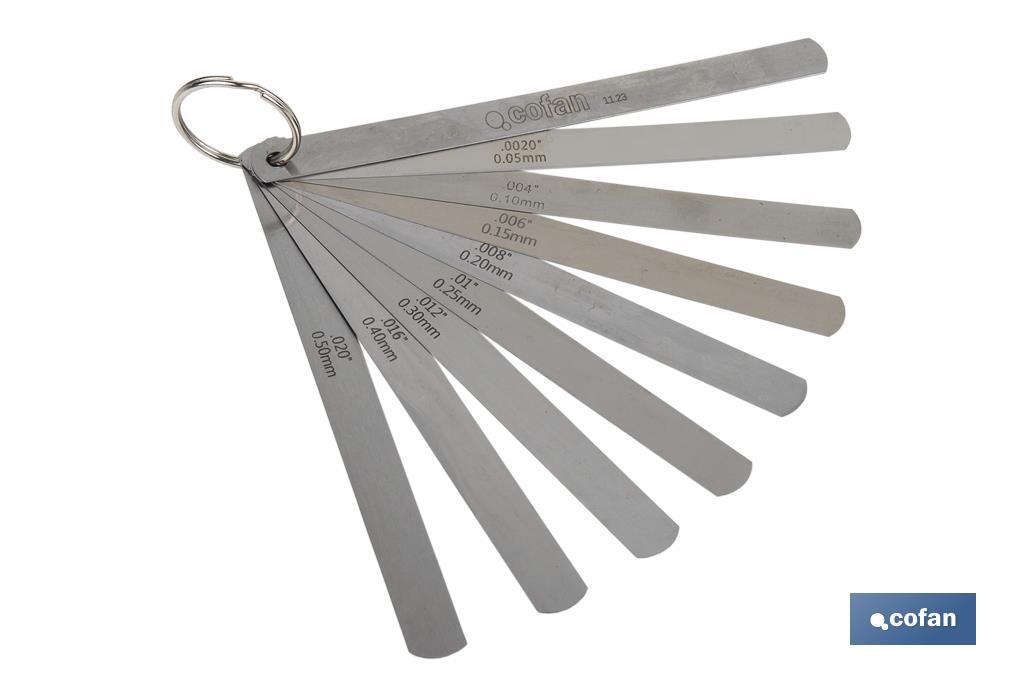 Galgas de espesores con 8 y 18 hojas | Medidor de espesores | Con medidas de espesor desde 0.05 mm hasta 1,0 mm - Cofan