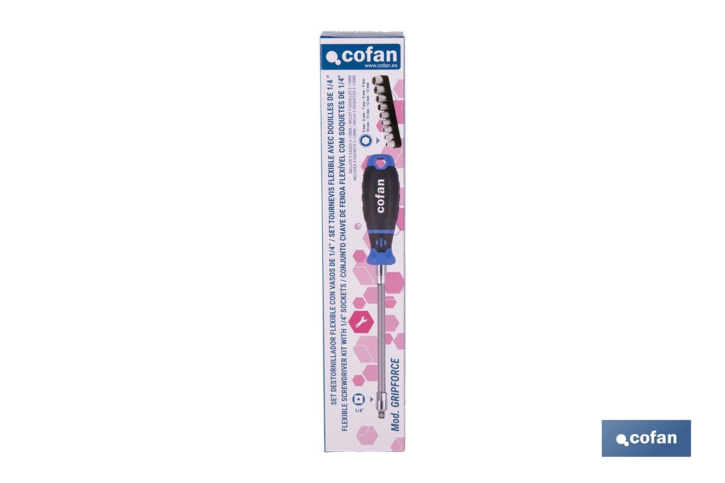 Destornillador flexible con 9 vasos hexagonales Gripforce | Incluye vasos desde SW5 hasta SW13 - Cofan