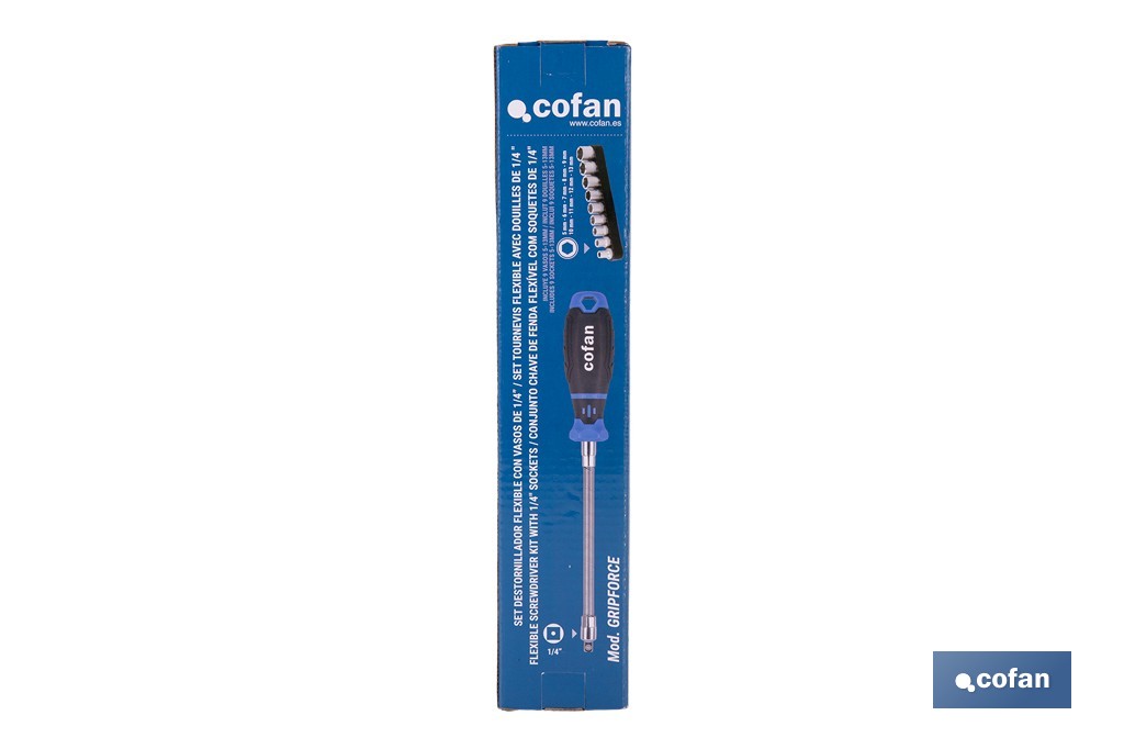 Destornillador flexible con 9 vasos hexagonales Gripforce | Incluye vasos desde SW5 hasta SW13 - Cofan