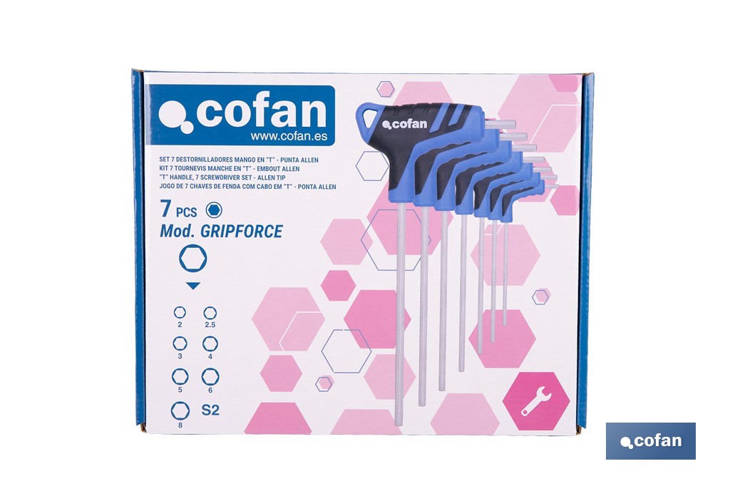 Set de 7 destornilladores hexagonales modelo Gripforce | Mango en T y doble punta | Puntas desde H2 hasta H8 - Cofan