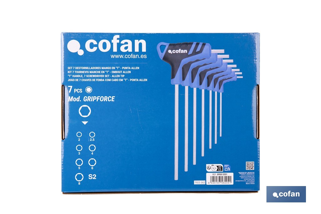 Set de 7 destornilladores hexagonales modelo Gripforce | Mango en T y doble punta | Puntas desde H2 hasta H8 - Cofan