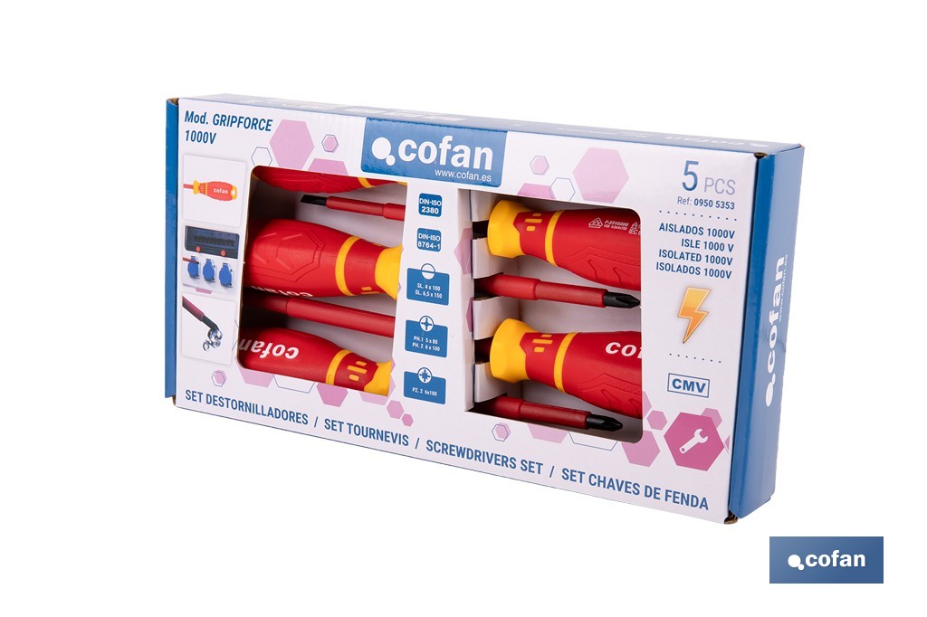Set de 5 destornilladores aislados modelo Gripforce | Incluye punta plana, Phillips y Pozidriv| De conformidad con IEC 60900 y GS - Cofan