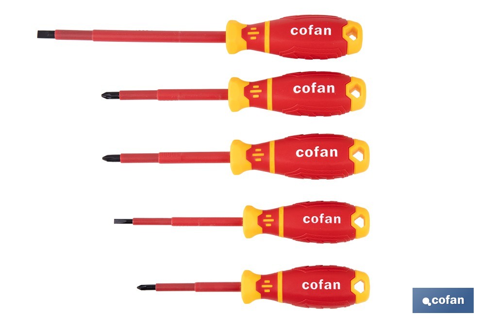 Set de 5 destornilladores aislados modelo Gripforce | Incluye punta plana, Phillips y Pozidriv| De conformidad con IEC 60900 y GS - Cofan