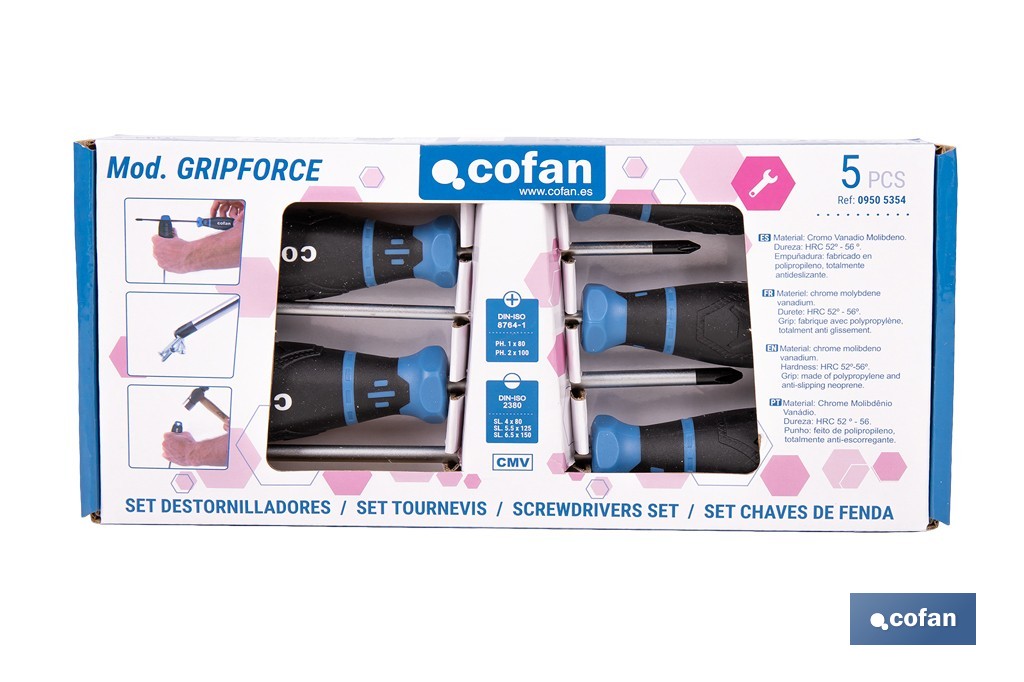 Juego de 3 destornilladores planos + 2 destornilladores Phillips modelo GripForce - Cofan