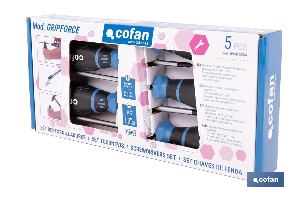 Juego de 3 destornilladores planos + 2 destornilladores Phillips modelo GripForce - Cofan