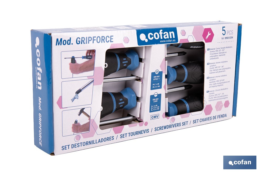 Juego de 3 destornilladores planos + 2 destornilladores Phillips modelo GripForce - Cofan