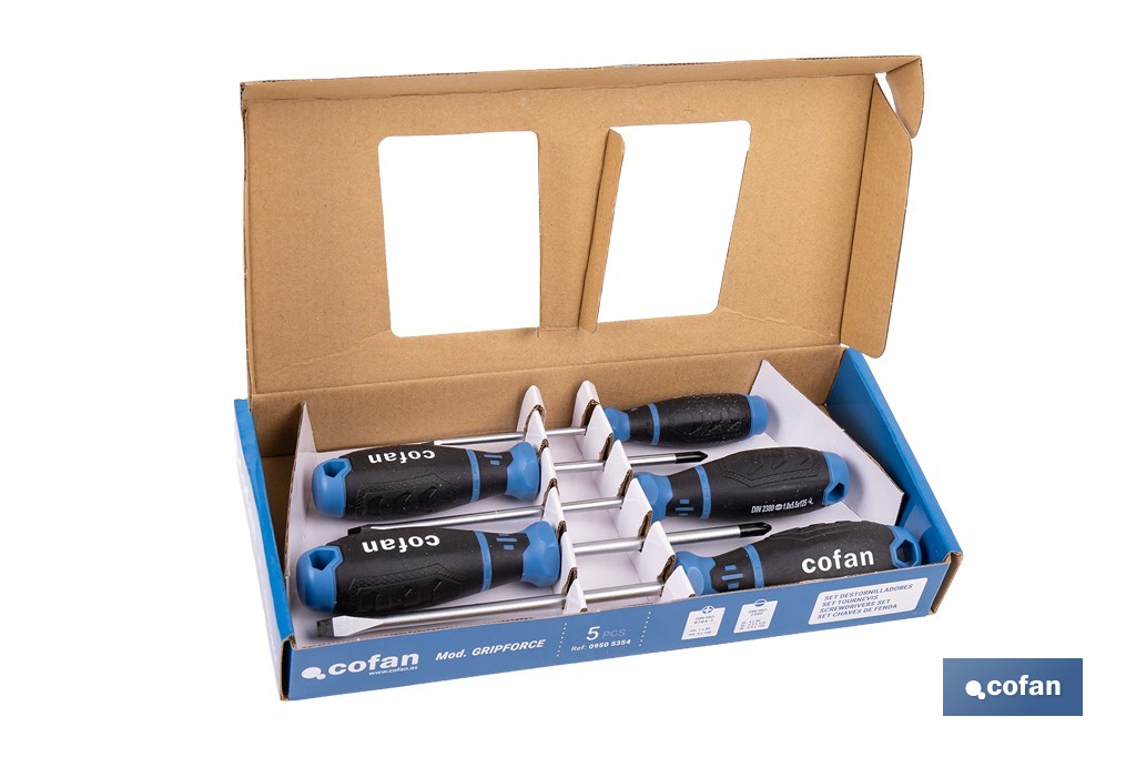 Juego de 3 destornilladores planos + 2 destornilladores Phillips modelo GripForce - Cofan