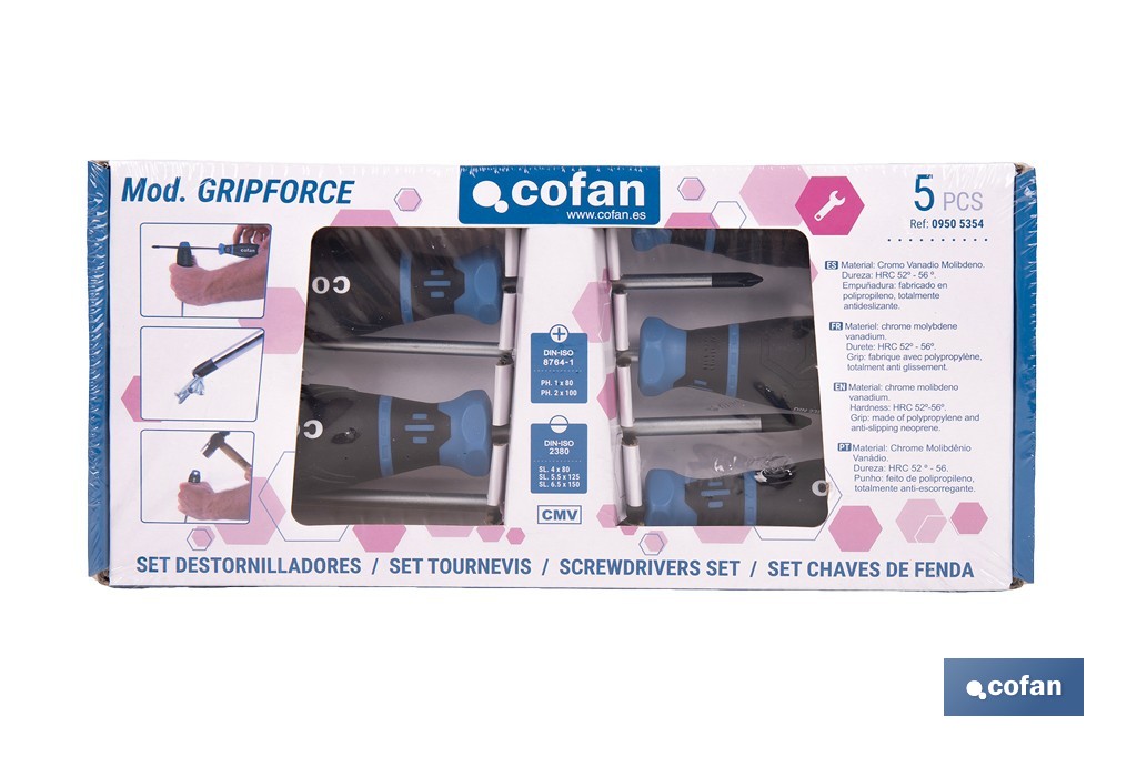 Juego de 3 destornilladores planos + 2 destornilladores Phillips modelo GripForce - Cofan