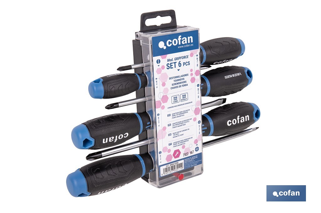 Display de 3 destornilladores planos + 3 destornilladores Phillips modelo GripForce - Cofan