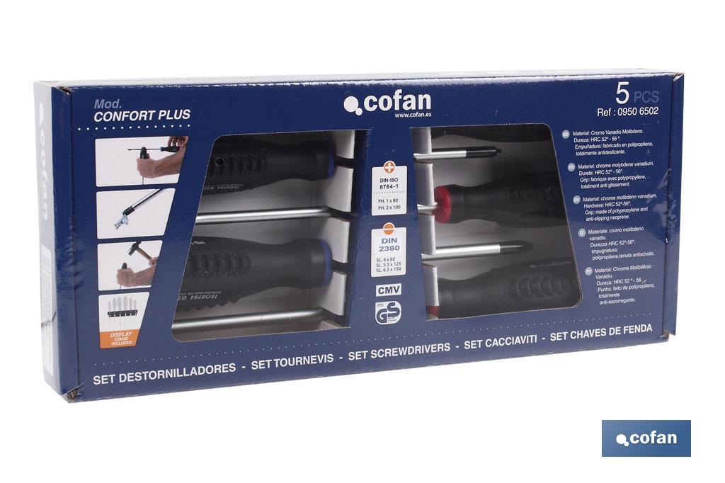 Set of 3 slotted screwdrivers and 2 Phillips screwdrivers | Confort Plus Model | With a special cardboard case - Cofan