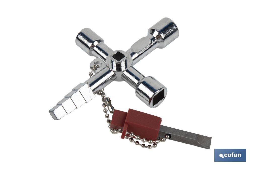 Llave de cabina multifuncional | Aleación de zinc cromada | Ideal para electrotécnica, fontanería | 10 perfiles | Longitud: 8,5 cm - Cofan