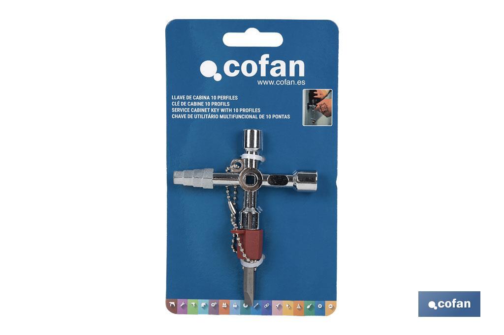 Llave de cabina multifuncional | Aleación de zinc cromada | Ideal para electrotécnica, fontanería | 10 perfiles | Longitud: 8,5 cm - Cofan