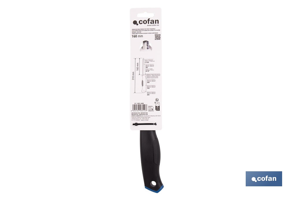 Serrucho para pladur y escayola con hoja de acero SK5 | Mango ergonómico y punta afilada | Corte preciso y rápido en yeso, cartón y escayola - Cofan