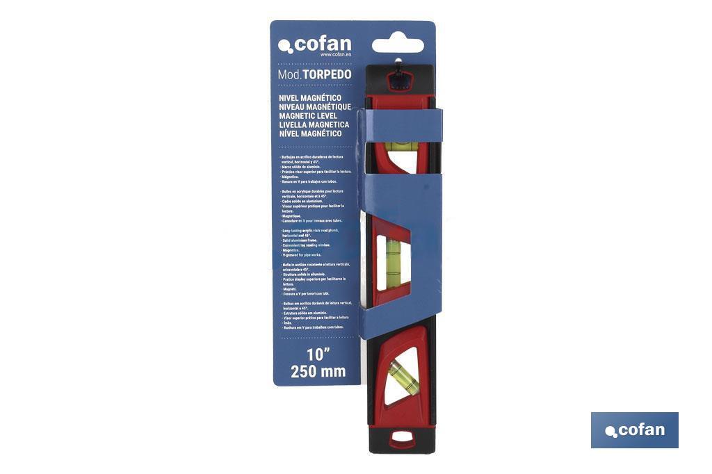 Nivel magnético en aluminio tipo torpedo | Medidas en  250 mm | Nivel de 3 burbujas para facilitar la nivelación - Cofan
