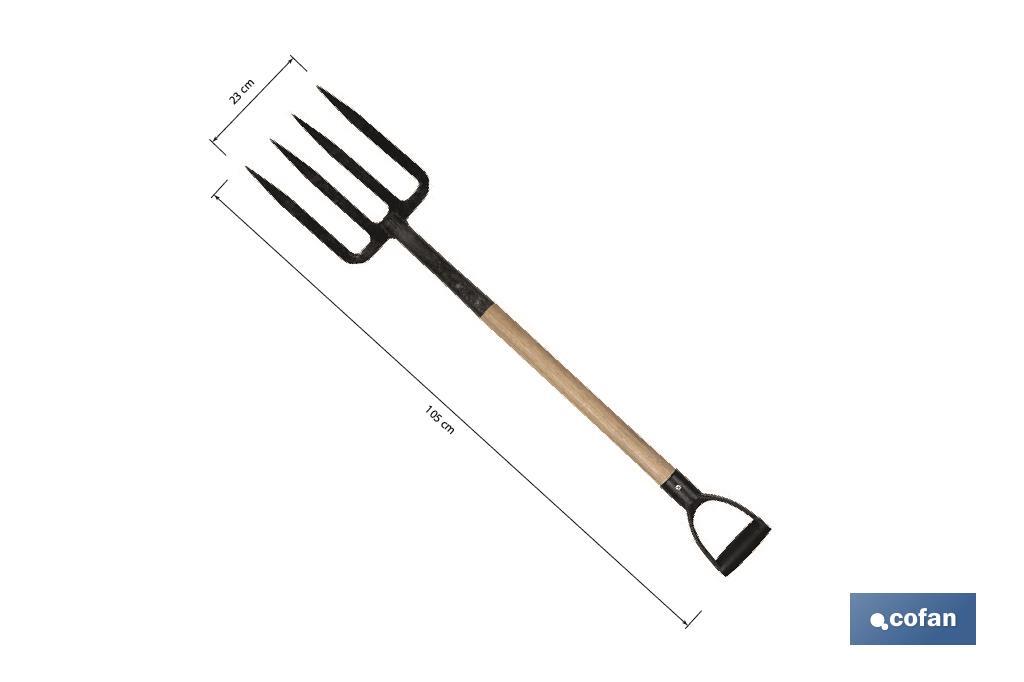Horca para cavar de acero endurecido | 4 dientes | Ideal para jardinería y agricultura | Medidas: 23 x 105 cm - Cofan