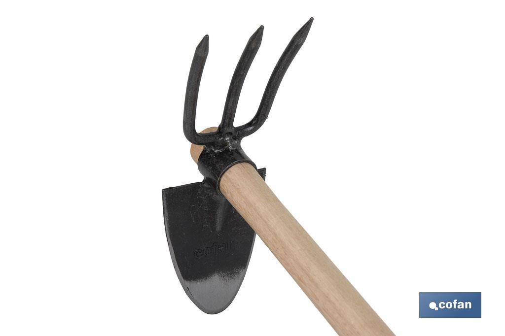 Zacho curvo de acero endurecido | Con mango de madera | Disponible con 1 o 3 puntas | Medidas: 21 x 8 cm - Cofan