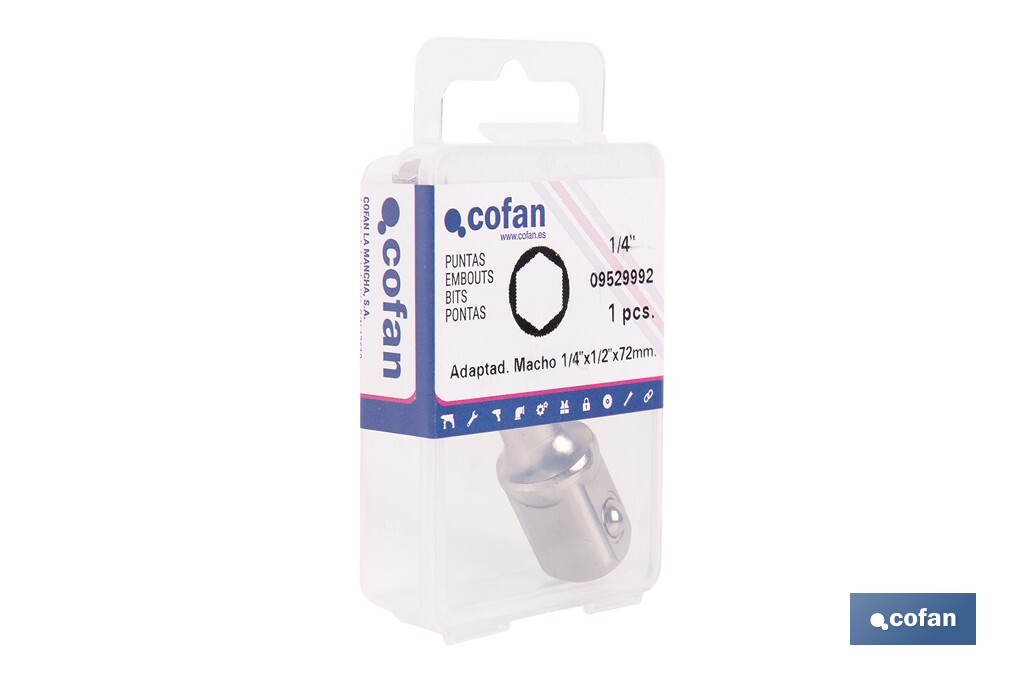 Adaptador de portavasos 1/2" para vasos de 1/4" | Longitud: 72 mm | Acero Cromo Vanadio - Cofan