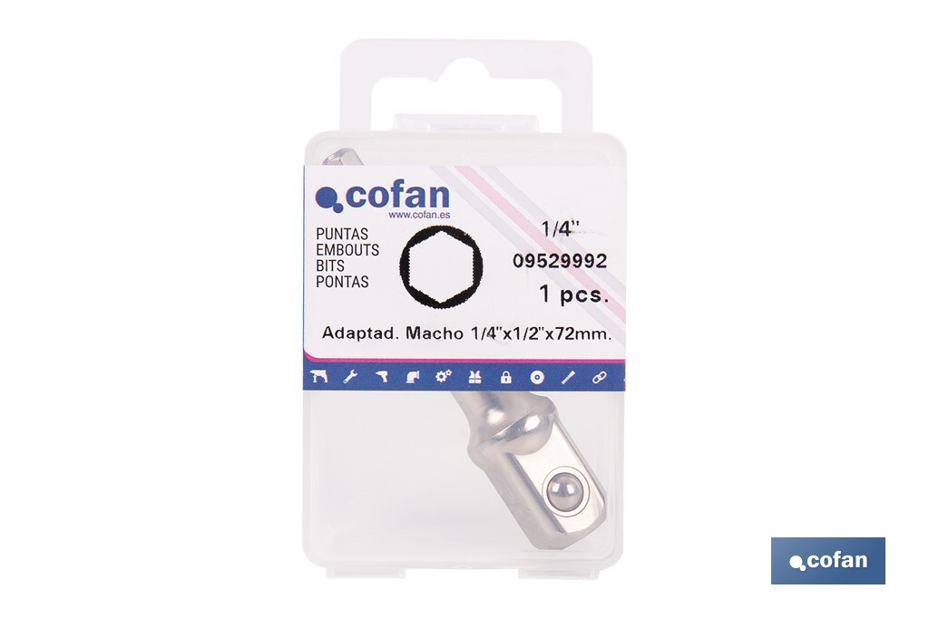 Adaptador de portavasos 1/2" para vasos de 1/4" | Longitud: 72 mm | Acero Cromo Vanadio - Cofan
