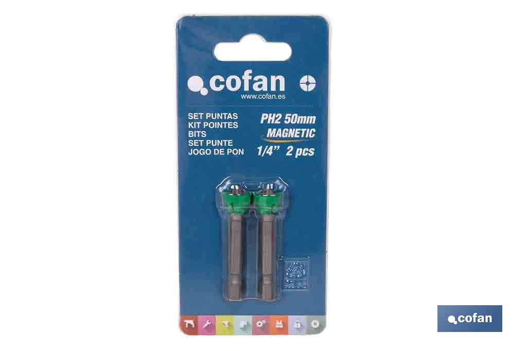 Set de dos Puntas para destornillador | Modelo PH-2 de 1/4" | Incluye corona magnética - Cofan