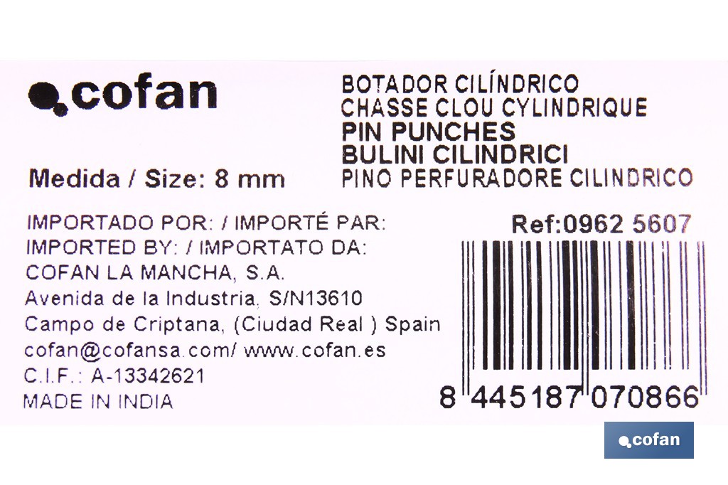 Cylindrical pin punch for professionals | Chrome-vanadium hardened steel | Size: 10mm - Cofan