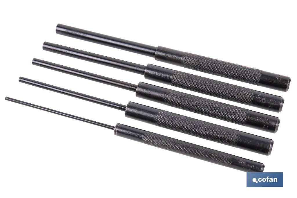 Set de 5 botadores cilíndricos | Diámetros: 3 - 10 mm | Fabricados en acero cromo vanadio templado | Uso Profesional e Industrial - Cofan