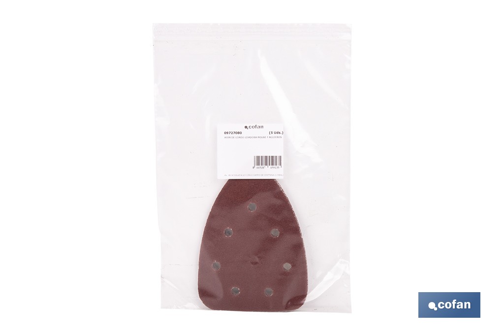 Hojas de lija para lijadora de detalle (Mouse) | Pack de 5 hojas de lija triangulares | Material: óxido de aluminio | Disponibles en diferentes granos - Cofan