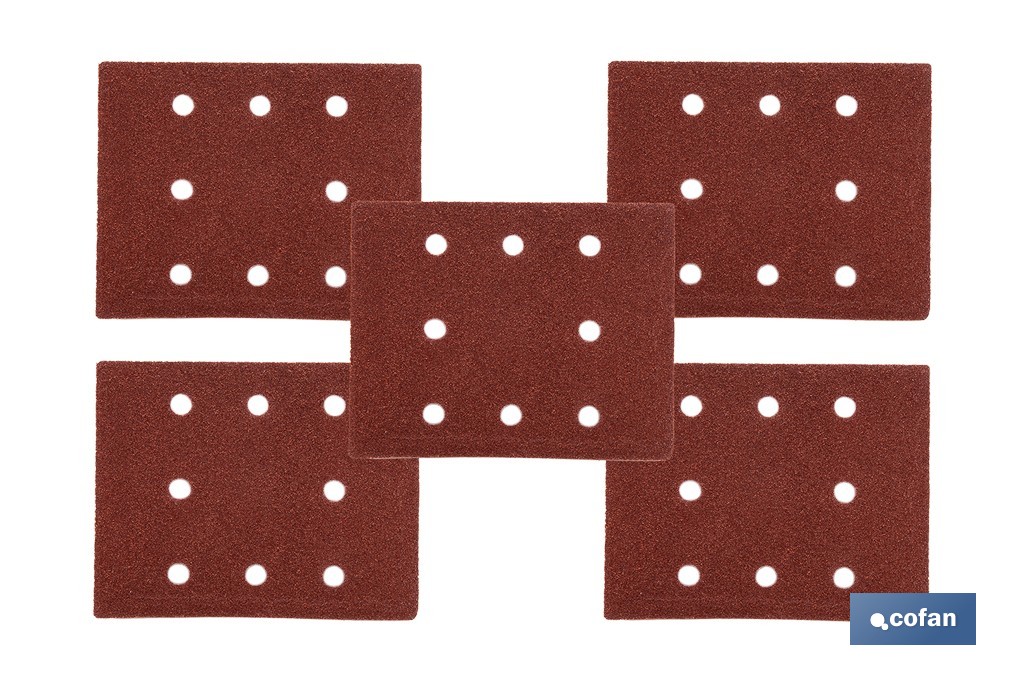 Pack de 5 hojas de lija para lijadora orbital | Hojas de lija rectangulares de óxido de aluminio | Disponibles en diferentes granos - Cofan