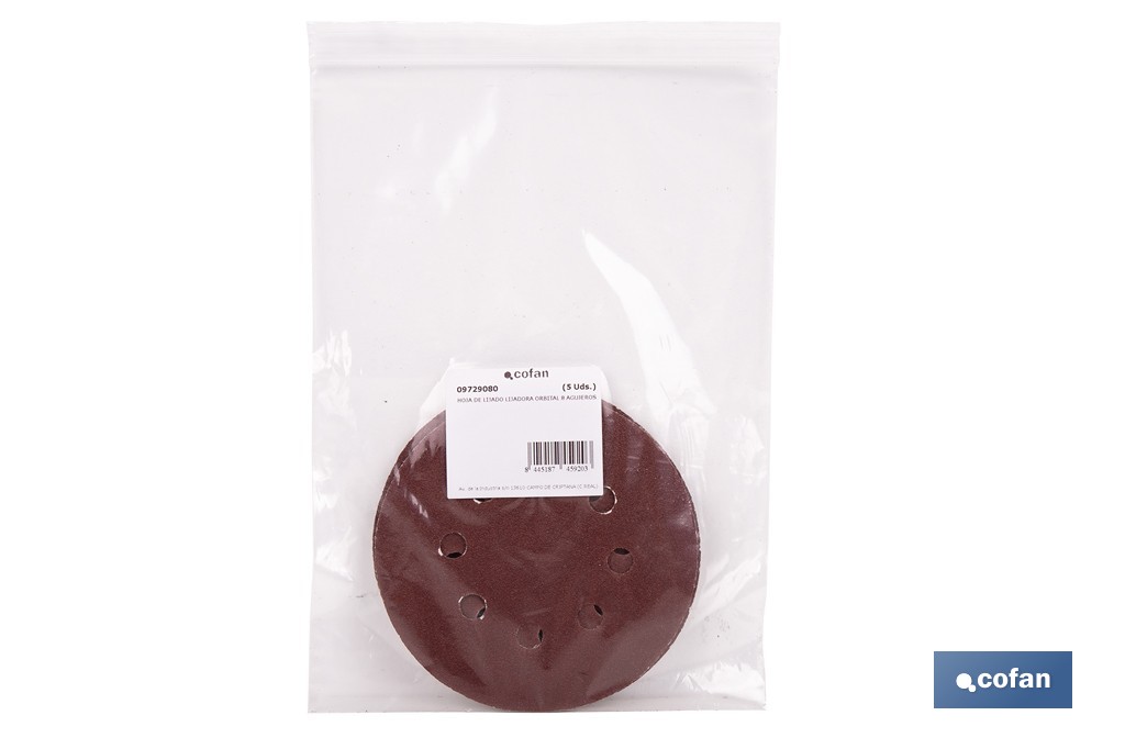 Discos de lija para lijadora Orbital | Pack de 5 hojas de lija redondas | Material: óxido de aluminio | Disponibles en diferentes granos - Cofan