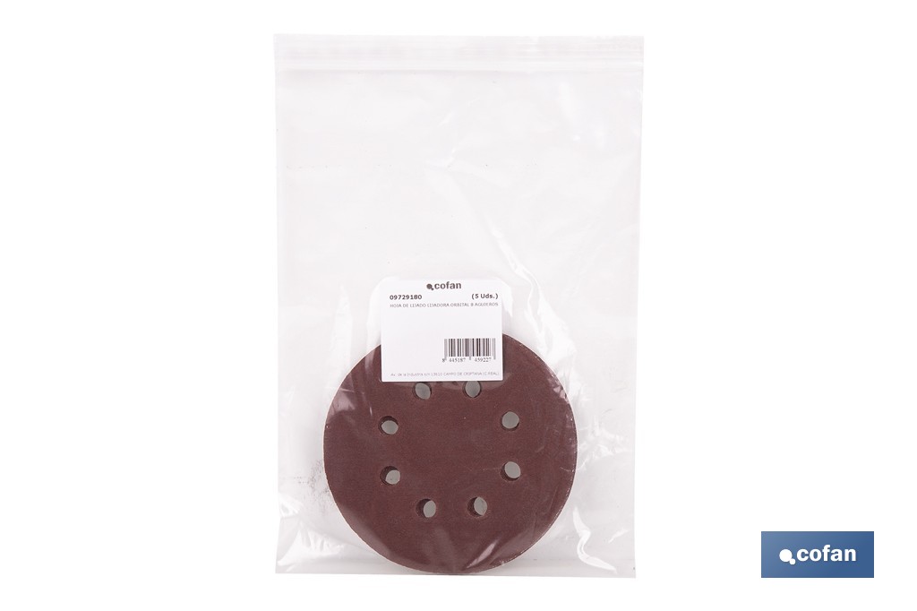 Discos de lija para lijadora Orbital | Pack de 5 hojas de lija redondas | Material: óxido de aluminio | Disponibles en diferentes granos - Cofan