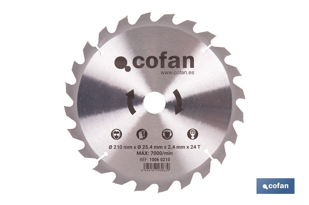 Disco de corte para madera Ø210 mm con 24 dientes | Compatible con sierras ingletadoras | Cortes limpios y precisos en madera, plástico y metal blando - Cofan
