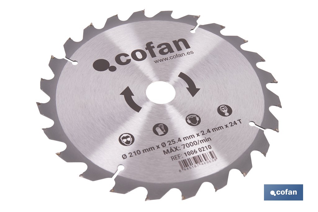 Disco de corte para madera Ø210 mm con 24 dientes | Compatible con sierras ingletadoras | Cortes limpios y precisos en madera, plástico y metal blando - Cofan