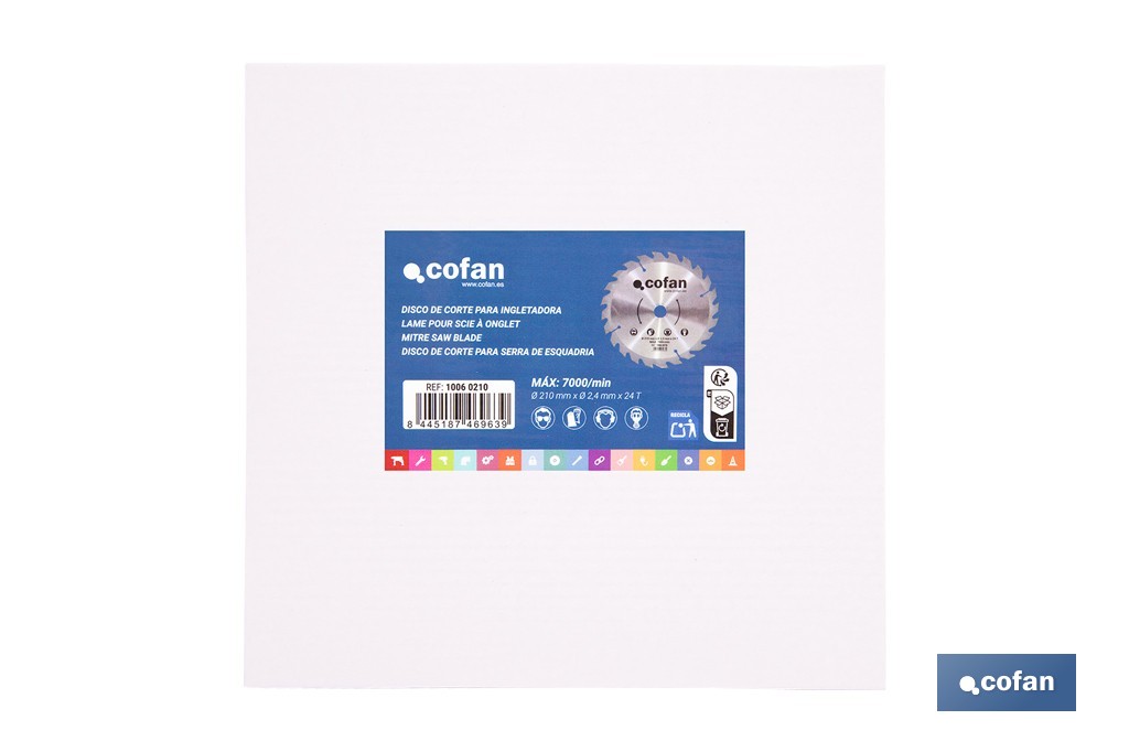 Disco de corte para madera Ø210 mm con 24 dientes | Compatible con sierras ingletadoras | Cortes limpios y precisos en madera, plástico y metal blando - Cofan
