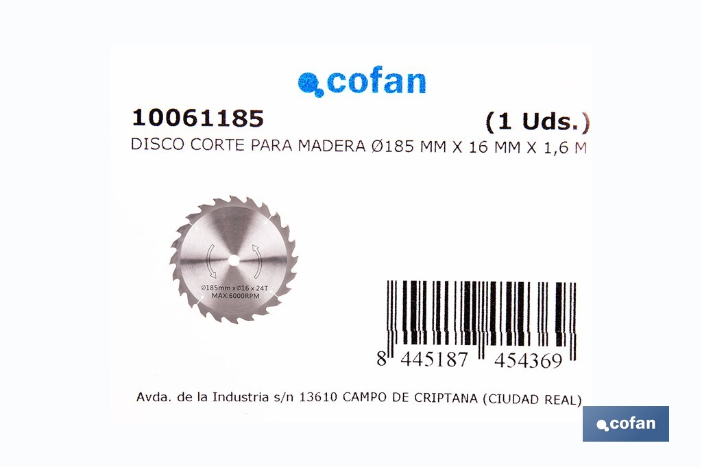 Hoja de sierra circular para madera Ø185 mm con 24 dientes | Compatible con sierras circulares | Corte limpio en madera, plástico y metal blando - Cofan
