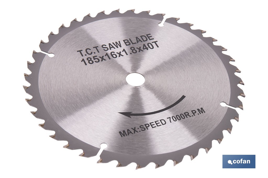 Disco de corte para madera Ø185 mm | Adecuada para sierra ingletadora | Cortes precisos en madera, plástico y metal blando - Cofan