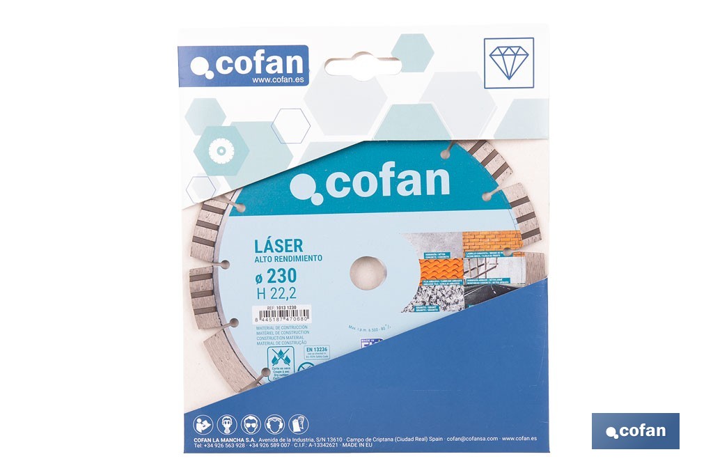 Disco de diamante de alto rendimiento Ø230 mm | Corte en seco en hormigón, asfalto, granito | Espesor de 3 mm y segmento de 15 mm - Cofan