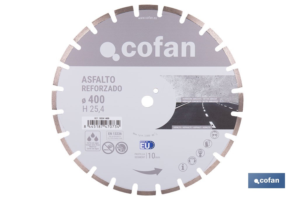 Disco de diamante reforzado soldado por láser | Corte húmedo en asfalto y hormigón abrasivo | Disponible en diferentes medidas - Cofan