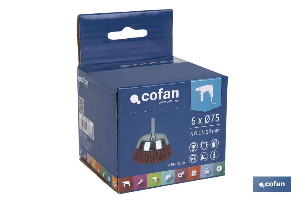 Escova de copo abrasiva com fio de nylon | Disponível em diferentes tamanhos | Adequada para polir, esmerilhar, remover ferrugem, etc. - Cofan