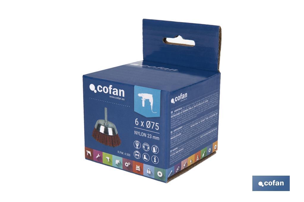 Escova de copo abrasiva com fio de nylon | Disponível em diferentes tamanhos | Adequada para polir, esmerilhar, remover ferrugem, etc. - Cofan