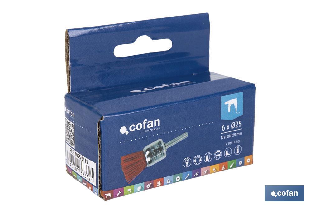 Escova tipo pincel com fios de nylon abravisa | Diâmetro de 6 mm x 25 mm | Adequada para polir, esmerilhar, remover ferrugem, etc. - Cofan