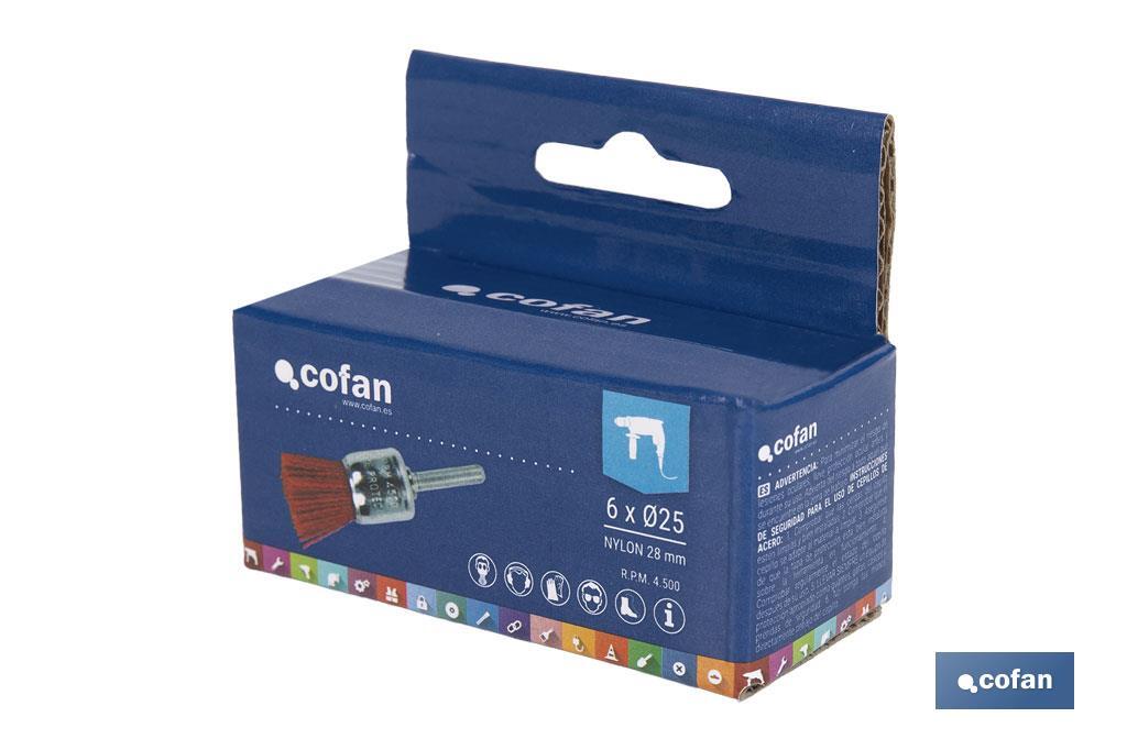 Escova tipo pincel com fios de nylon abravisa | Diâmetro de 6 mm x 25 mm | Adequada para polir, esmerilhar, remover ferrugem, etc. - Cofan