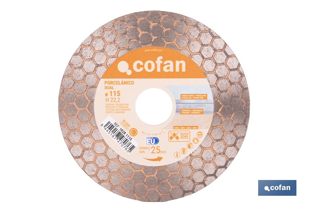 Disco porcelánico para corte, lijado y desbaste | Corte en seco de cerámica, porcelánico y gres | Disponible en diferentes medidas - Cofan